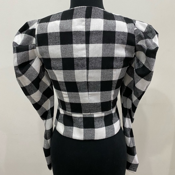 XS-SHEIN Surplice Neck Puff Sleeve Gingham Blazer. - Picture 2 of 5
